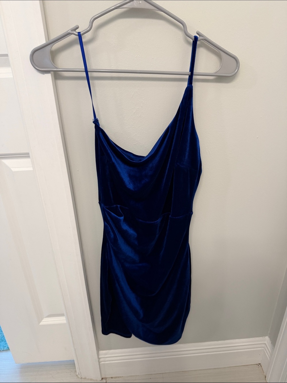 Royal Blue Velvet Slip Dress One Shoulder